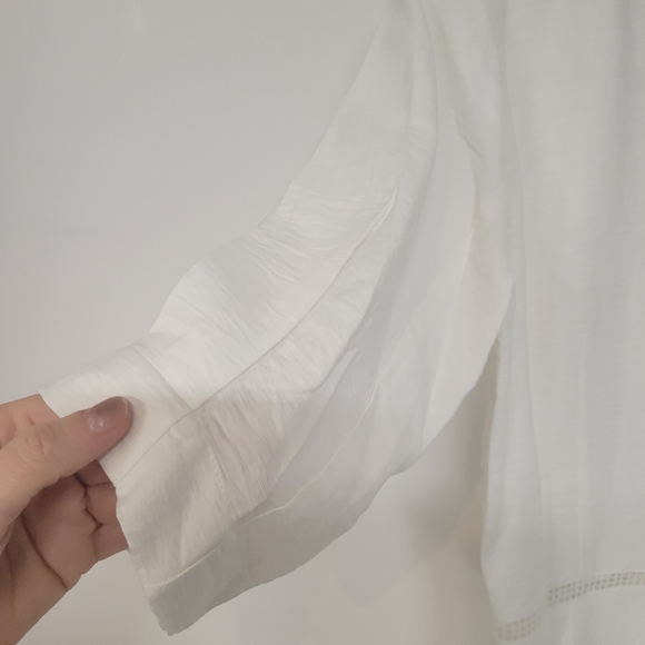 NWT Sugar + Lips Crochet Trim Puff sleeve white zip-up blouse top, size Large - Picture 10 of 11